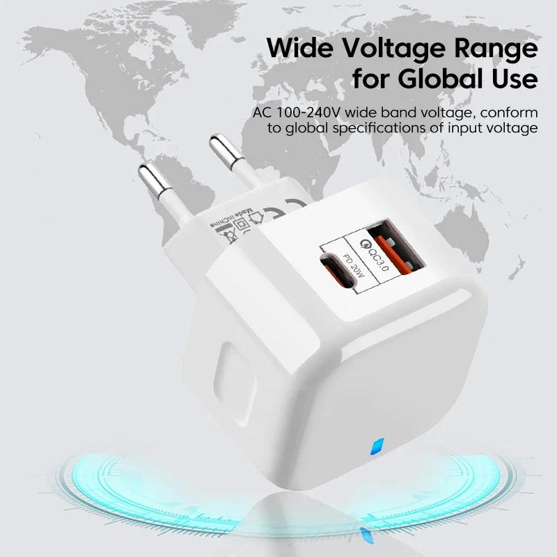Cargador de pared USB-C 20W con carga rápida Power Delivery PD y QC3.0 - 3