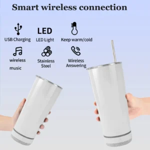 Vaso térmico de acero inoxidable con parlante Bluetooth integrado y abridor de botellas - 1